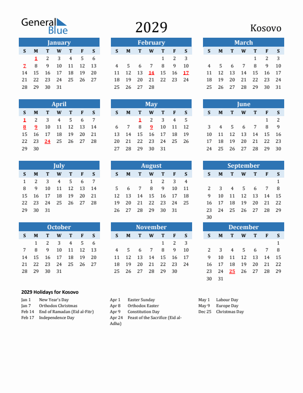 Printable Calendar 2029 with Kosovo Holidays (Sunday Start)