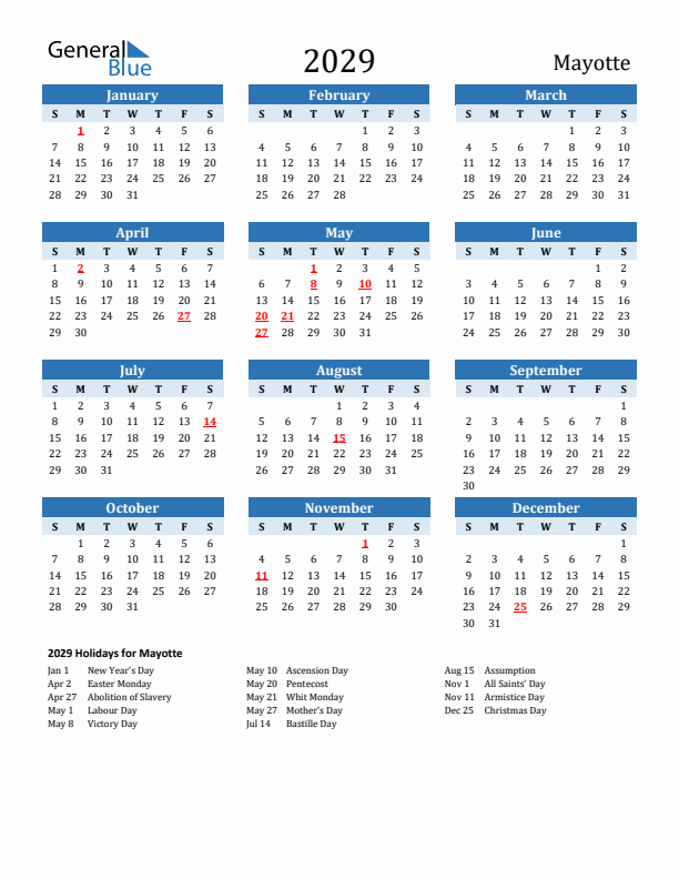 Printable Calendar 2029 with Mayotte Holidays (Sunday Start)
