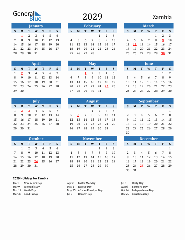 Printable Calendar 2029 with Zambia Holidays (Sunday Start)