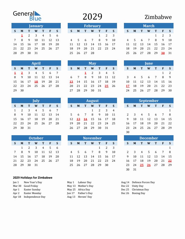 Printable Calendar 2029 with Zimbabwe Holidays (Sunday Start)