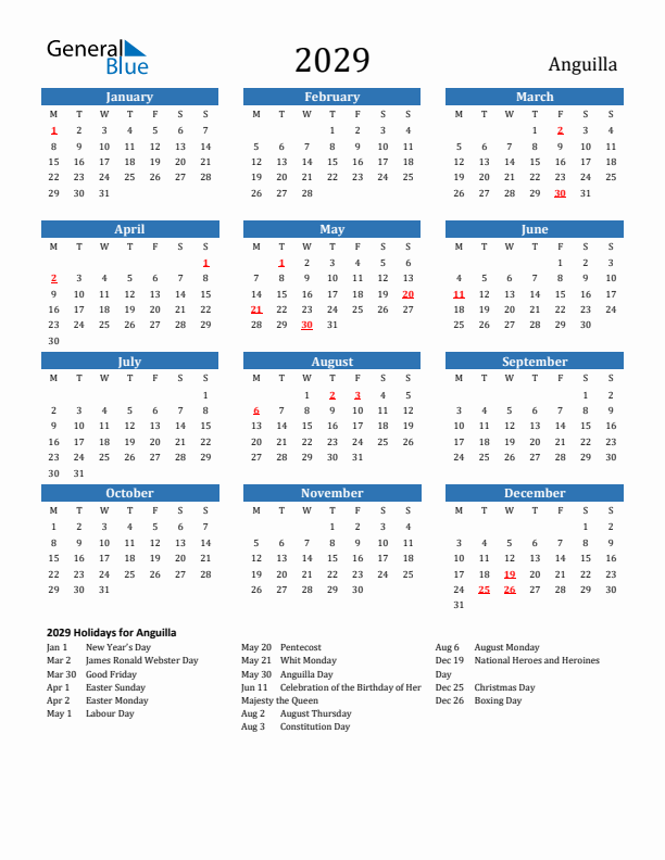 Anguilla 2029 Calendar with Holidays