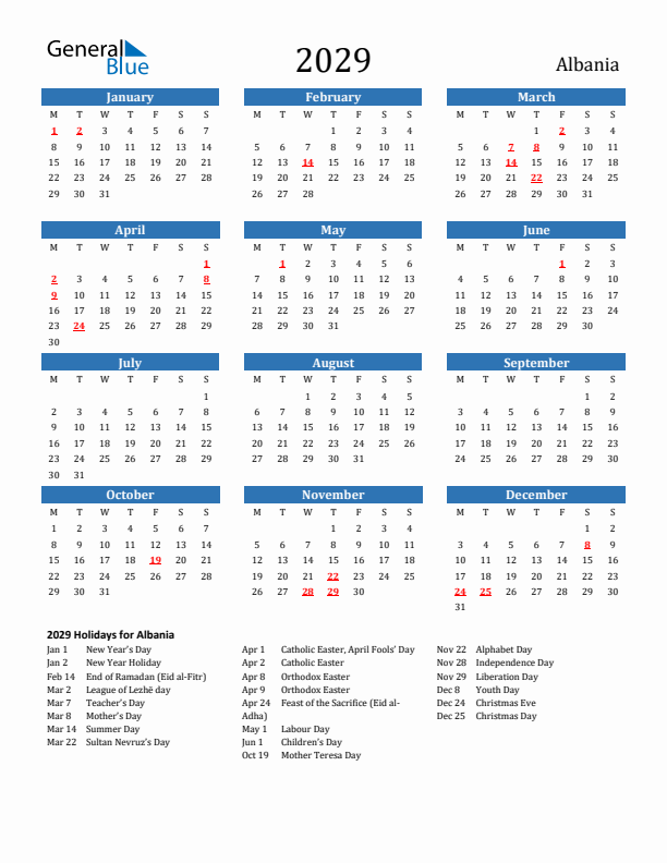 Albania 2029 Calendar with Holidays
