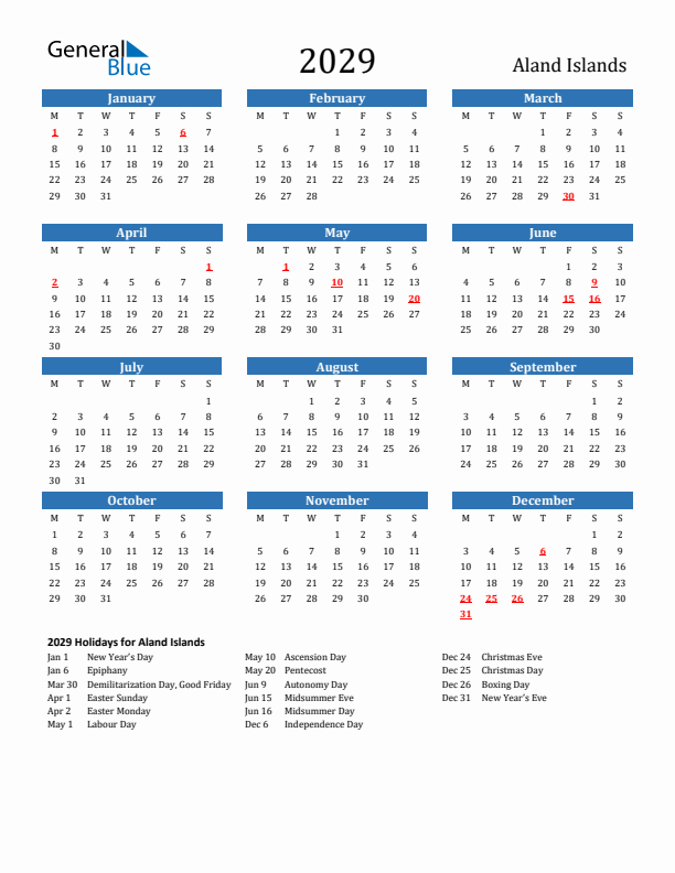 Aland Islands 2029 Calendar with Holidays