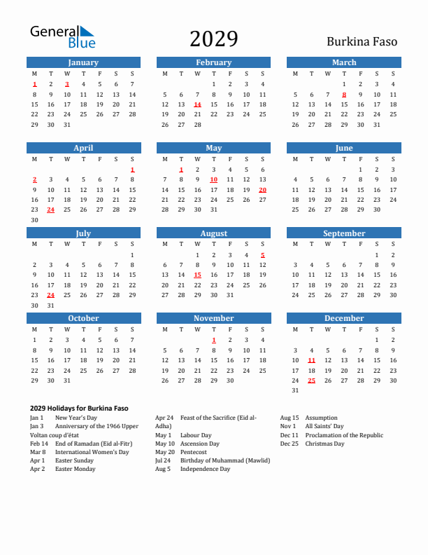 Burkina Faso 2029 Calendar with Holidays