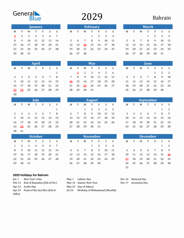 Bahrain 2029 Calendar with Holidays