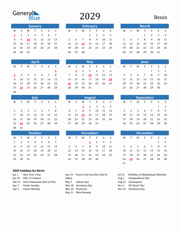 Benin 2029 Calendar with Holidays
