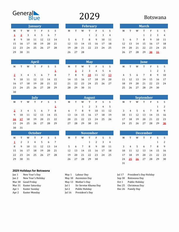 Botswana 2029 Calendar with Holidays