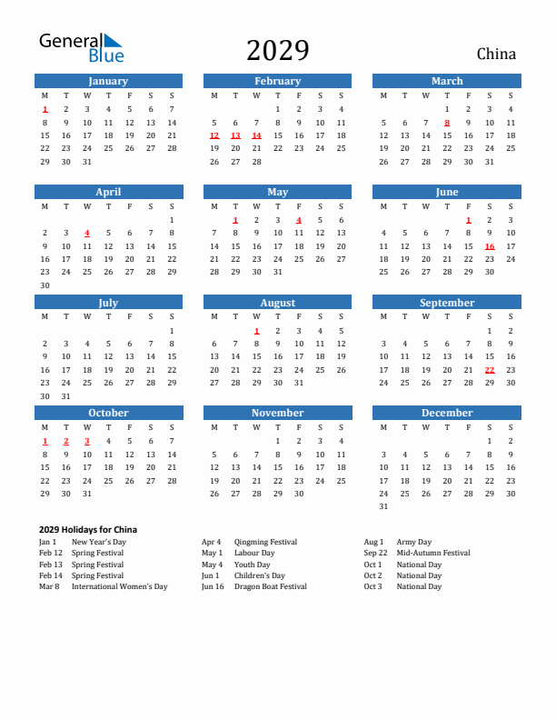 China 2029 Calendar with Holidays