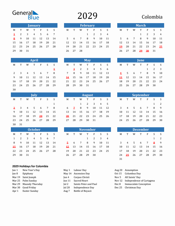 Colombia 2029 Calendar with Holidays