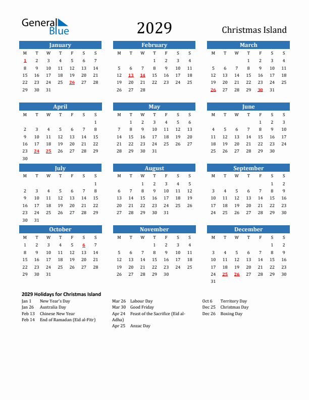 Christmas Island 2029 Calendar with Holidays