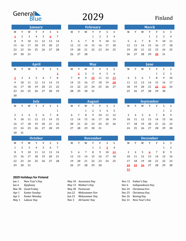 Finland 2029 Calendar with Holidays
