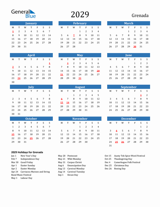 Grenada 2029 Calendar with Holidays