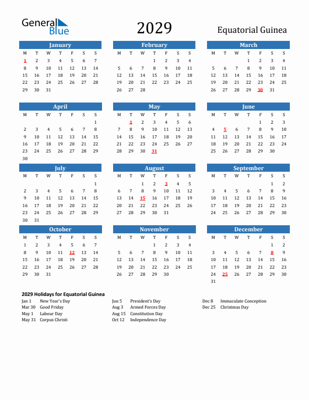 Equatorial Guinea 2029 Calendar with Holidays