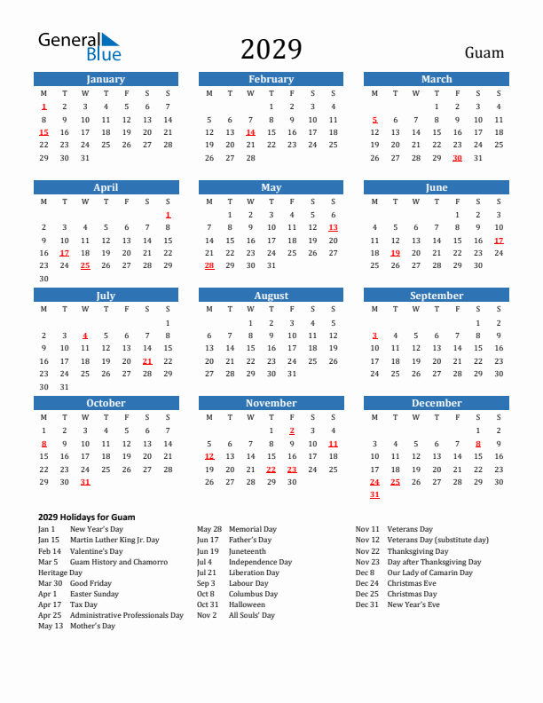 Guam 2029 Calendar with Holidays