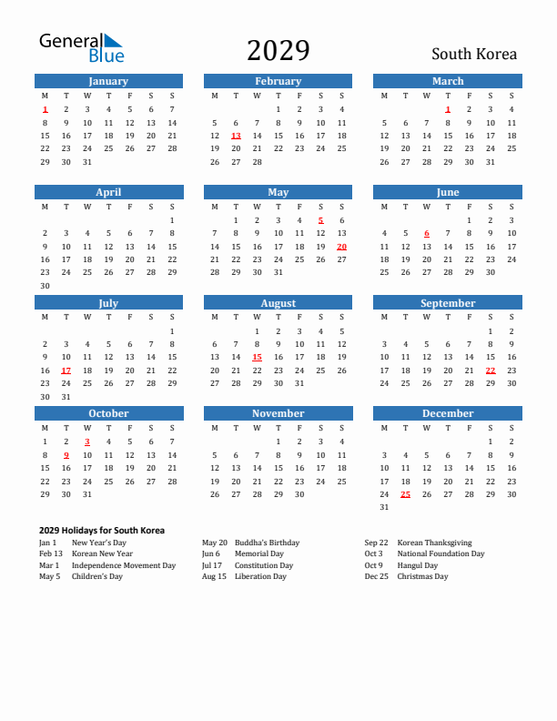 South Korea 2029 Calendar with Holidays