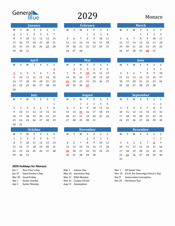 Monaco 2029 Calendar with Holidays