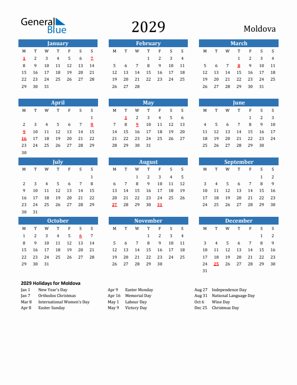 Moldova 2029 Calendar with Holidays