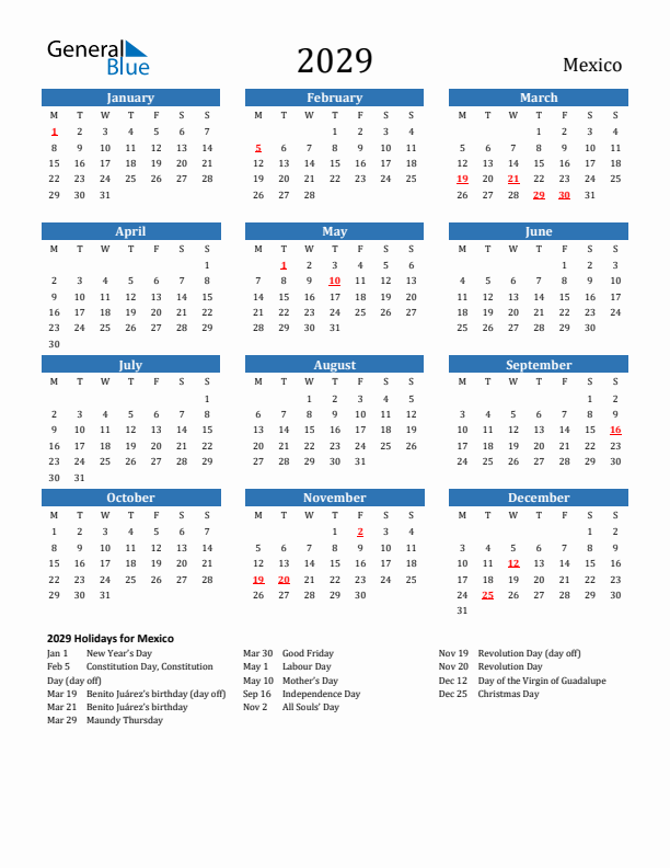 Mexico 2029 Calendar with Holidays