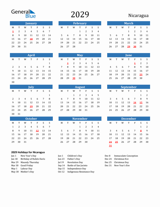 Nicaragua 2029 Calendar with Holidays