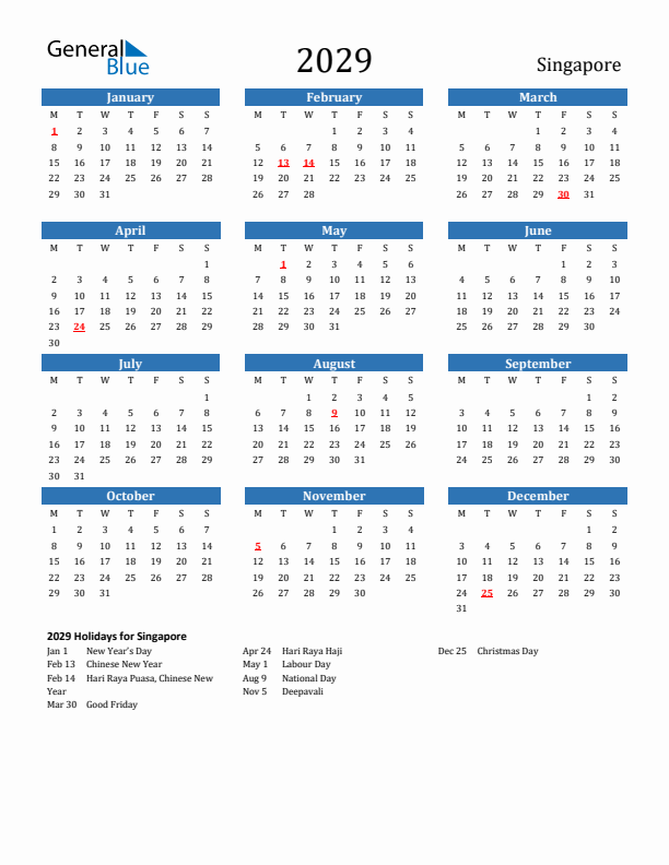 Singapore 2029 Calendar with Holidays