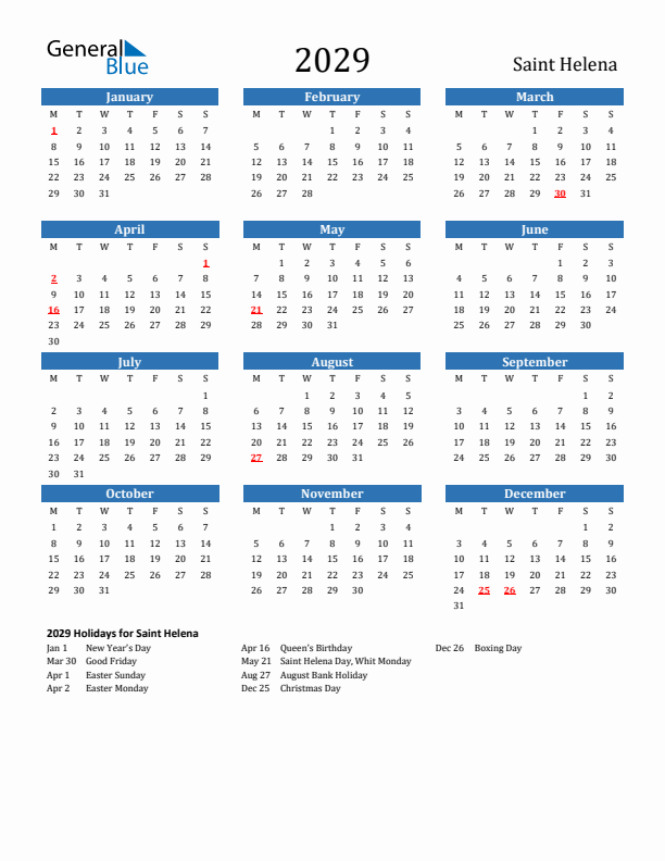 Saint Helena 2029 Calendar with Holidays