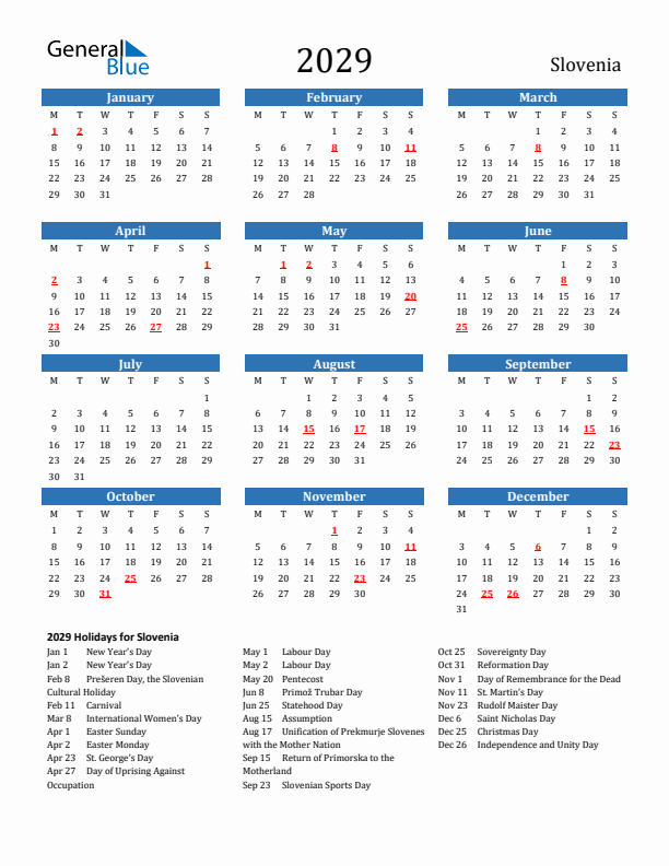 Slovenia 2029 Calendar with Holidays