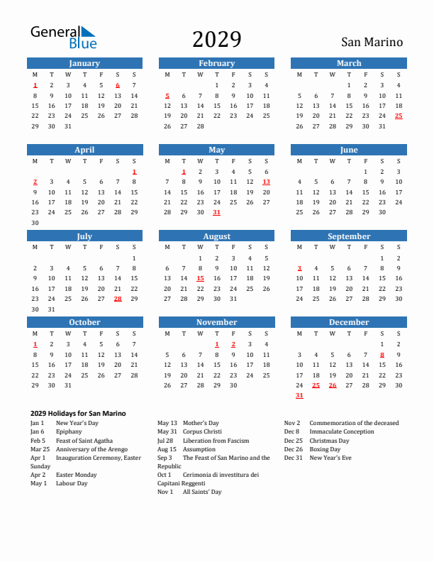 San Marino 2029 Calendar with Holidays