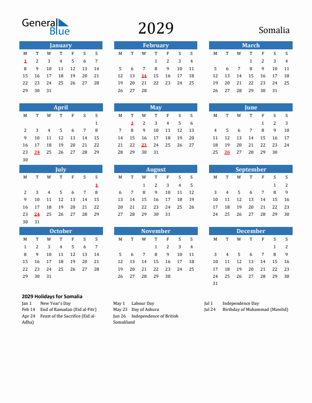 Somalia 2029 Calendar with Holidays
