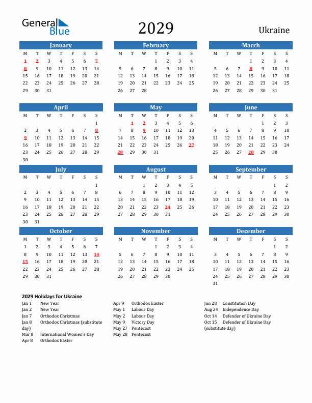Ukraine 2029 Calendar with Holidays
