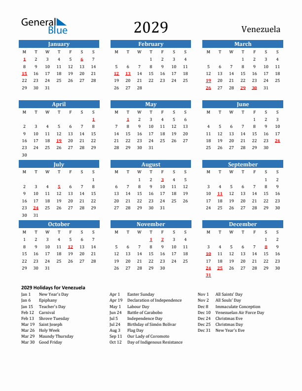 Venezuela 2029 Calendar with Holidays