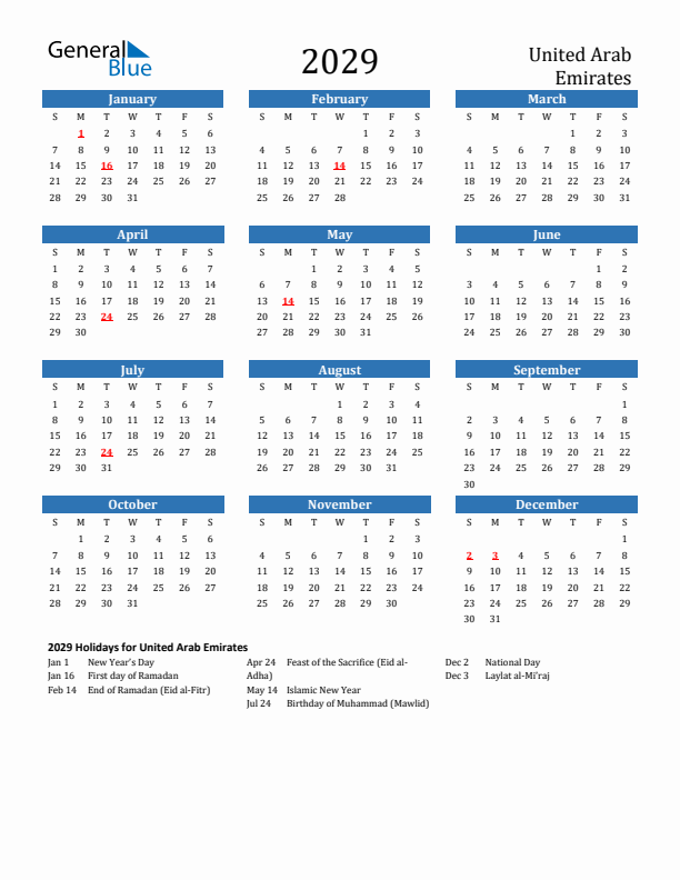 United Arab Emirates 2029 Calendar with Holidays