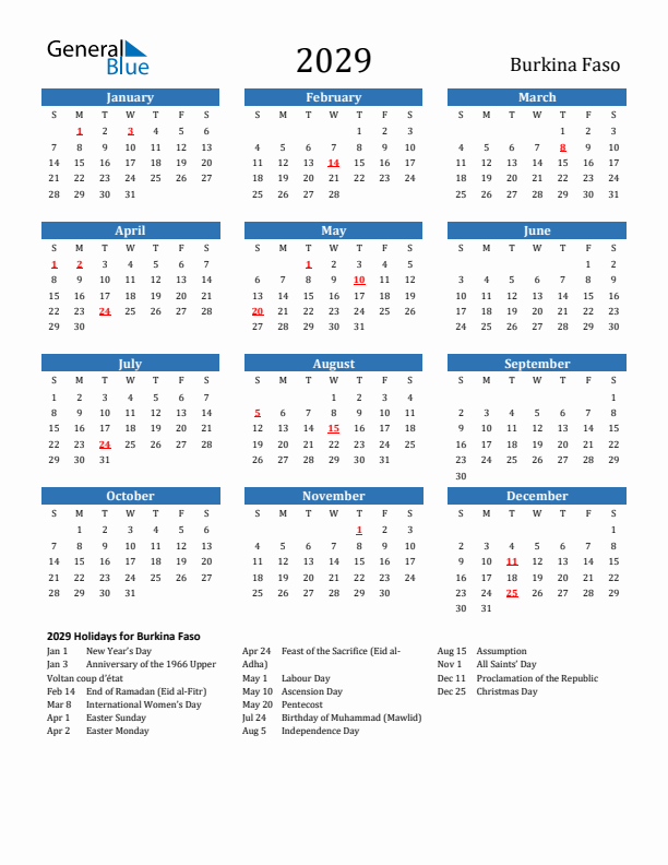 Burkina Faso 2029 Calendar with Holidays