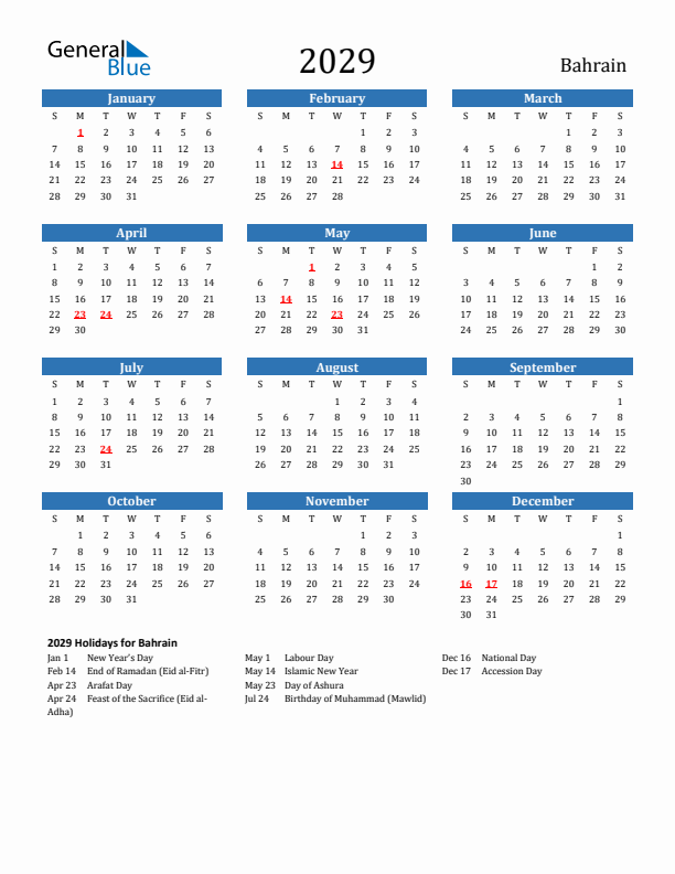 Bahrain 2029 Calendar with Holidays