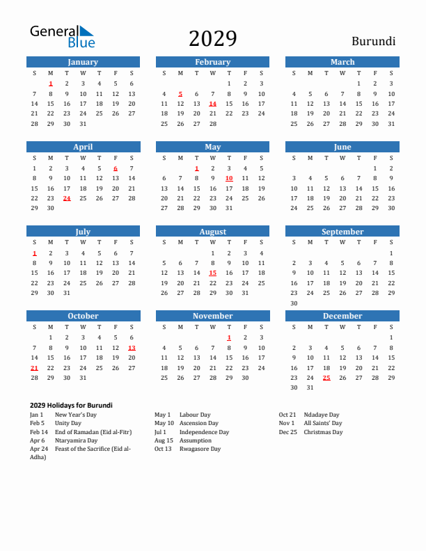 Burundi 2029 Calendar with Holidays