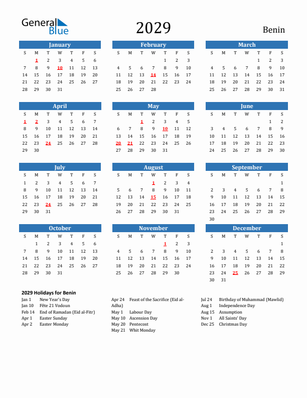 Benin 2029 Calendar with Holidays