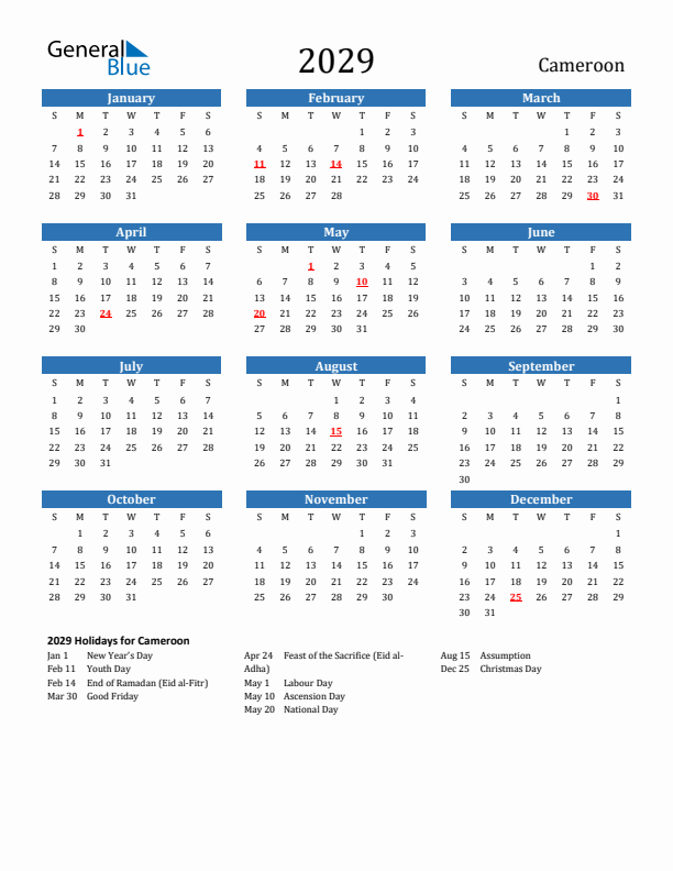 Cameroon 2029 Calendar with Holidays