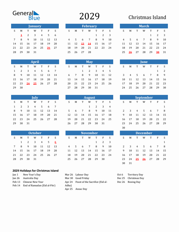 Christmas Island 2029 Calendar with Holidays