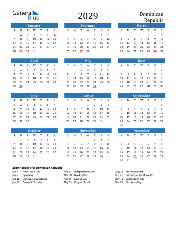 Dominican Republic 2029 Calendar with Holidays