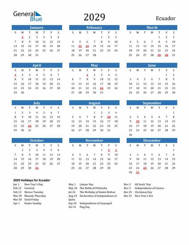 Ecuador 2029 Calendar with Holidays
