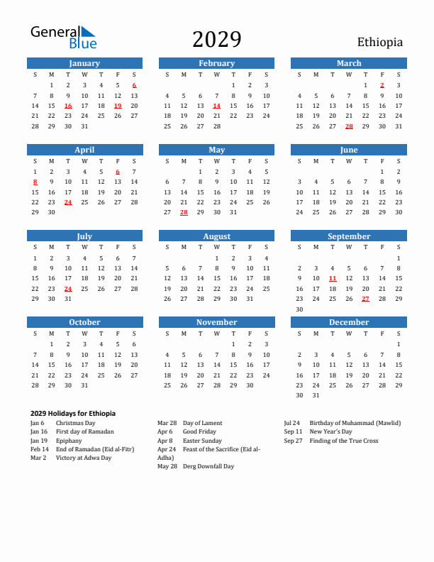 Ethiopia 2029 Calendar with Holidays