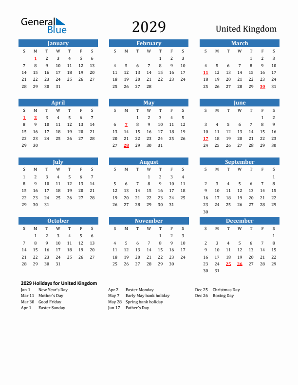 United Kingdom 2029 Calendar with Holidays