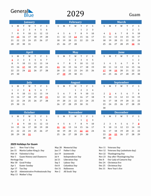 Guam 2029 Calendar with Holidays