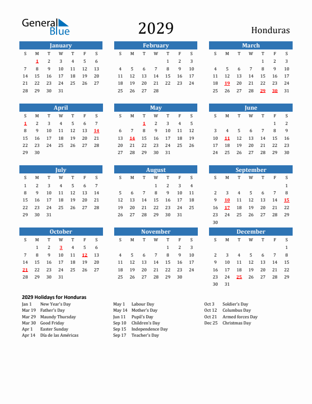 Honduras 2029 Calendar with Holidays