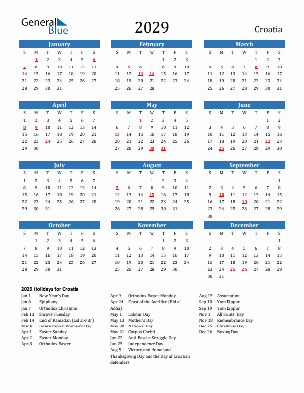 Croatia 2029 Calendar with Holidays