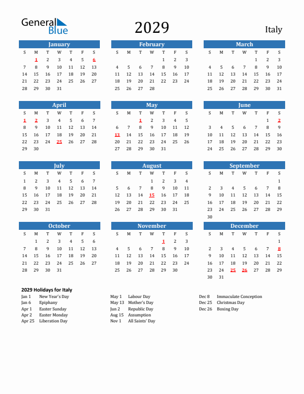 Italy 2029 Calendar with Holidays