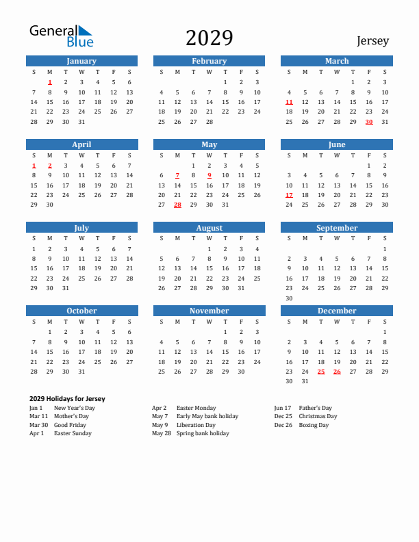 Jersey 2029 Calendar with Holidays