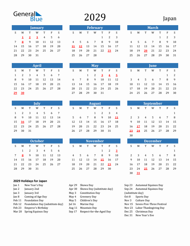 Japan 2029 Calendar with Holidays