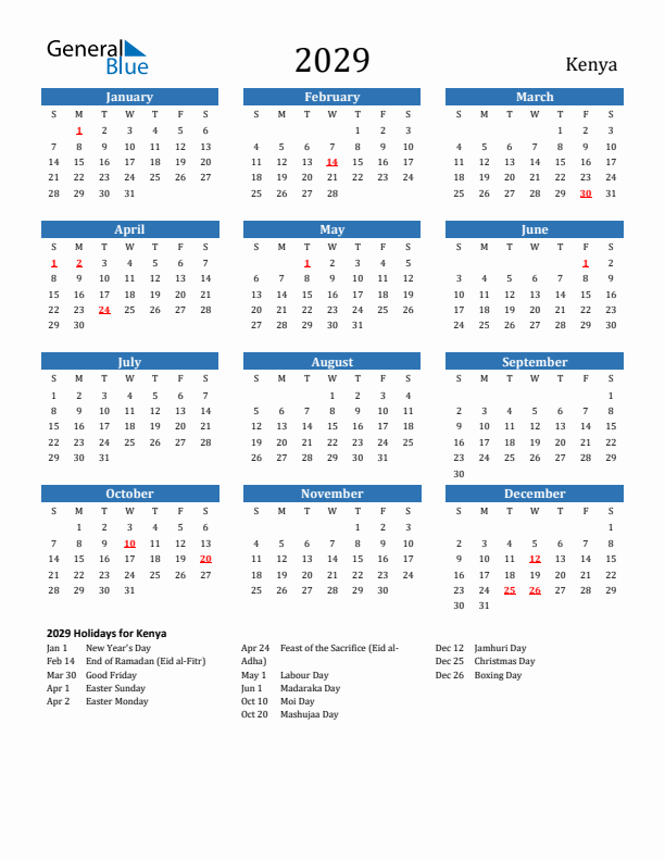 Kenya 2029 Calendar with Holidays