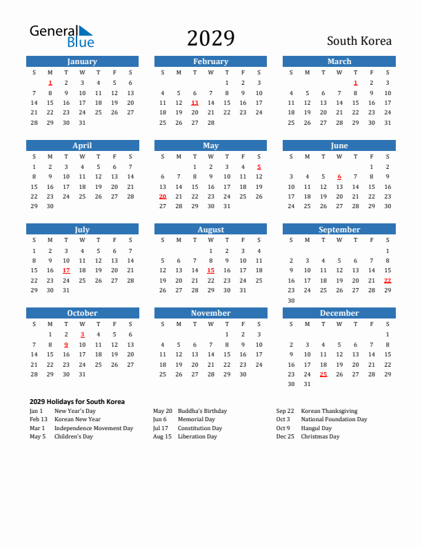 South Korea 2029 Calendar with Holidays