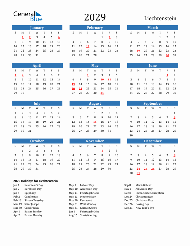 Liechtenstein 2029 Calendar with Holidays